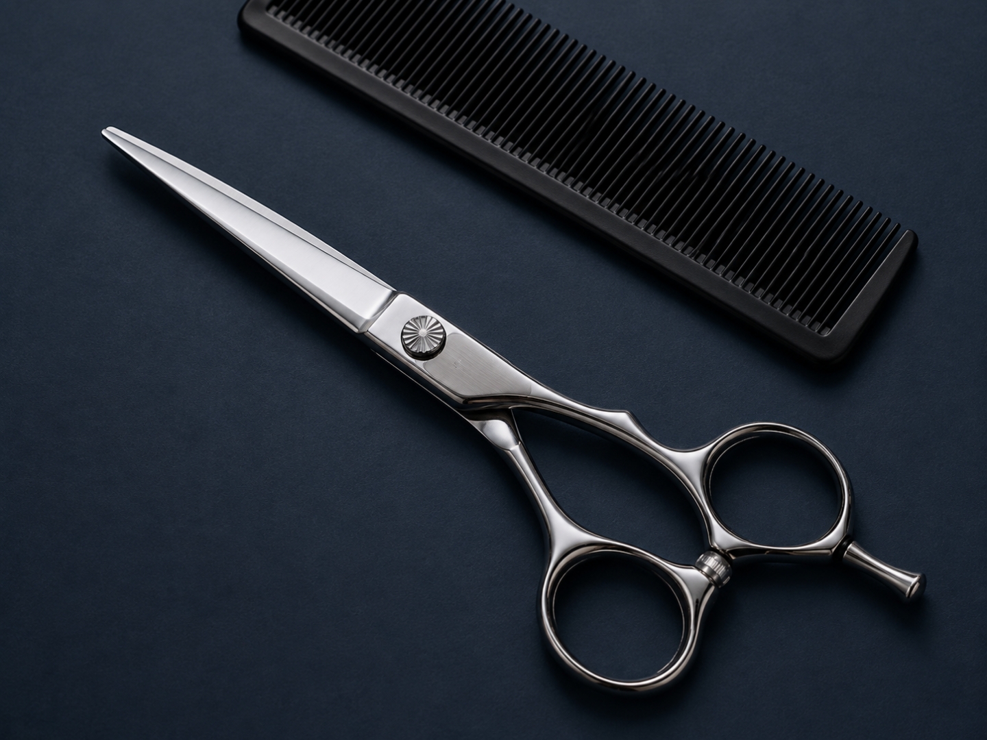 Professional hairdressing scissors and comb on a deep blue background